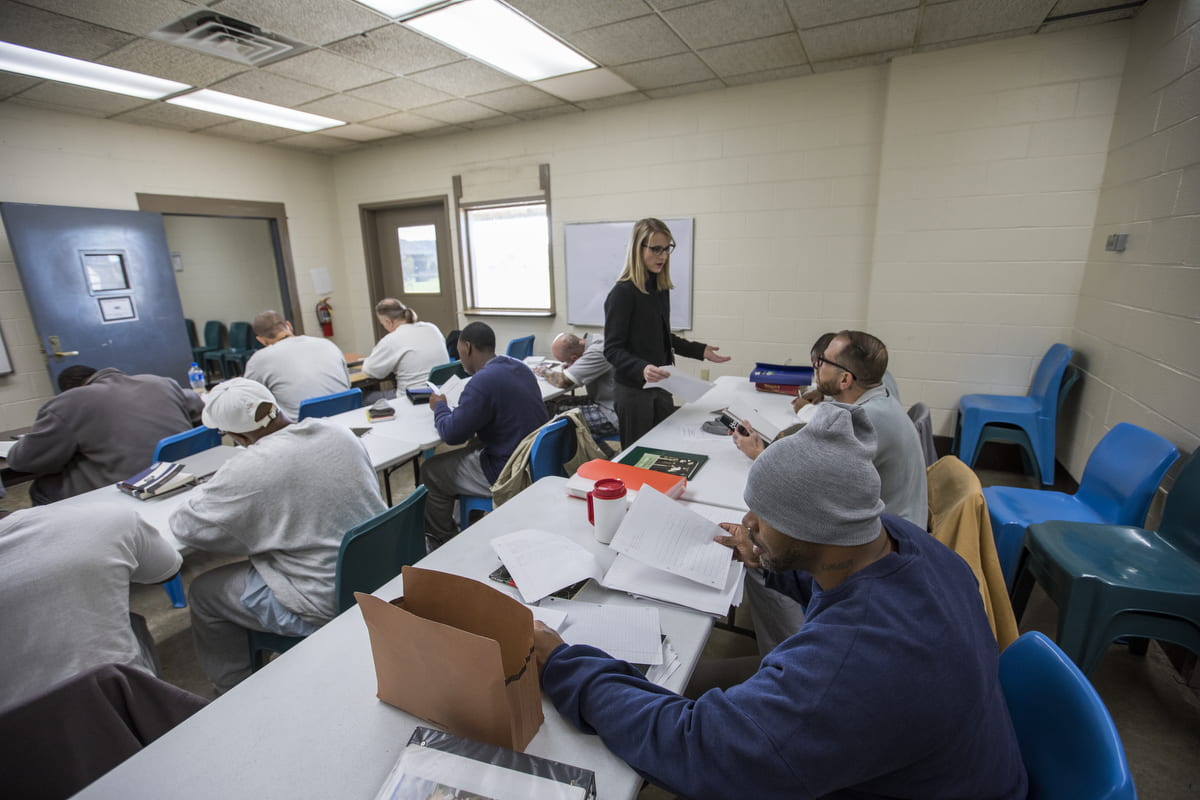 10.26.17--The Washington University Prison Education Project (PEP) was established in 2011. In 2014, PEP began teaching for-credit, college-level classes at the Missouri Eastern Correctional Center (MECC) in Pacific, Missouri. PEP also offers courses for correctional staff. Offenders in class with Jennifer Hudson, Program Manager & Academic Advisor Washington University PEP. Photos by Joe Angeles/WUSTL Photos
